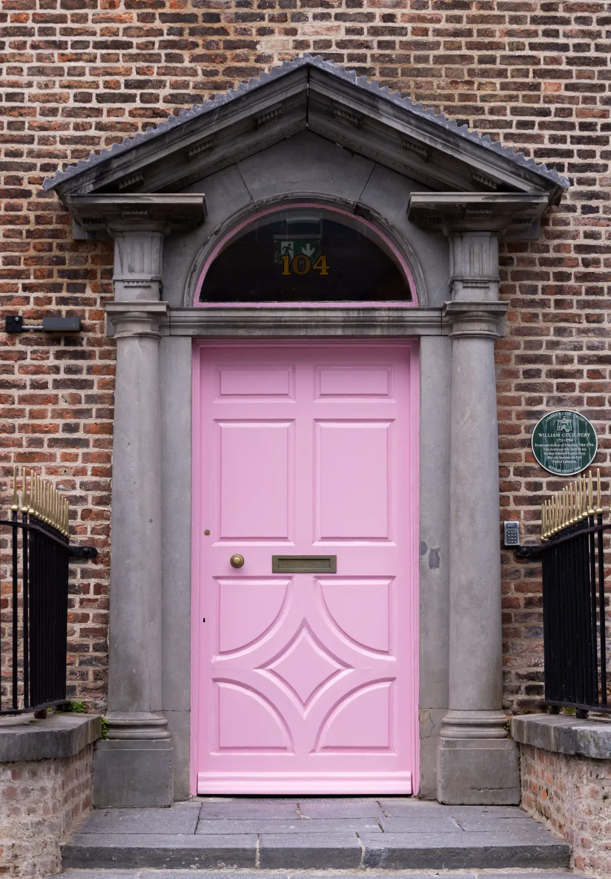 The pink front door under its stone doorcase at 104 Henry Street